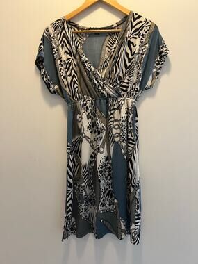 Short Sleeve V-Neck Tunic Dress Silver Blue Zebra Size Small JL